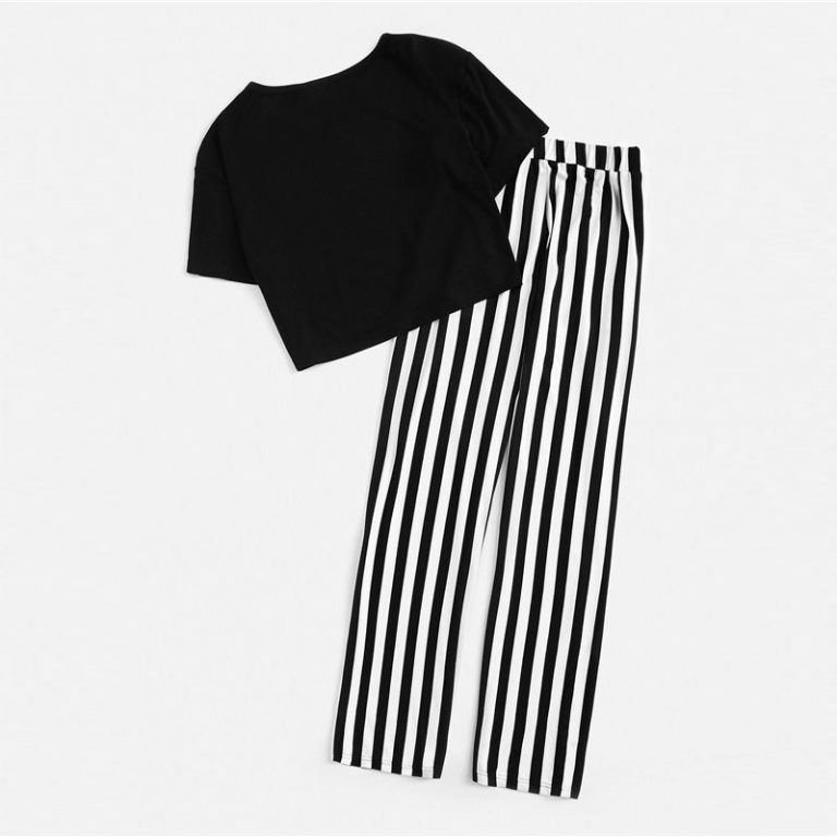 Women Lady Sweet Casual Graphic Crop Tee And Striped Pants - Image 2