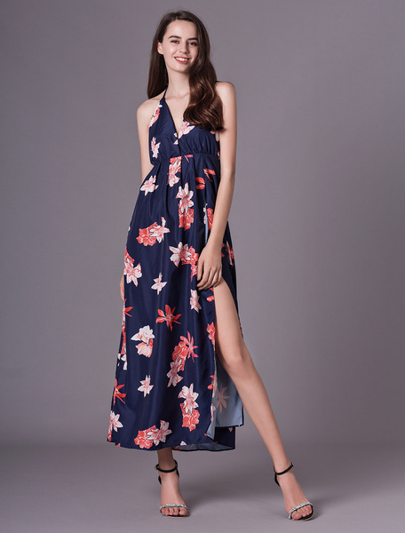 Women Maxi Dress Sleeveless Floral Print Split Dark Navy Long Slip Dresses