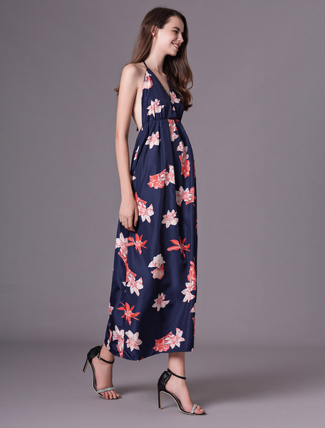Women Maxi Dress Sleeveless Floral Print Split Dark Navy Long Slip Dresses - Image 5