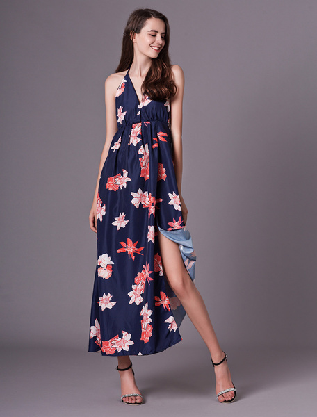 Women Maxi Dress Sleeveless Floral Print Split Dark Navy Long Slip Dresses - Image 6