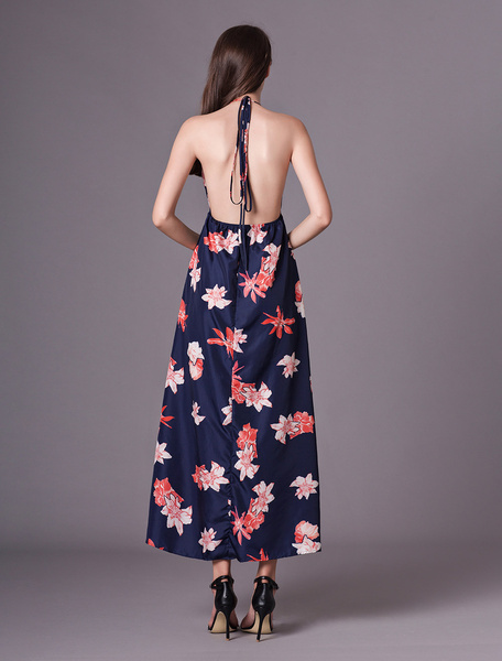 Women Maxi Dress Sleeveless Floral Print Split Dark Navy Long Slip Dresses - Image 7