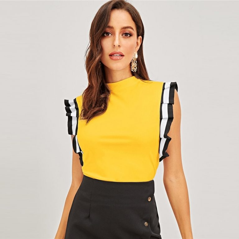 Women Mock Neck Striped Armhole Top Sleeveless T-shirt