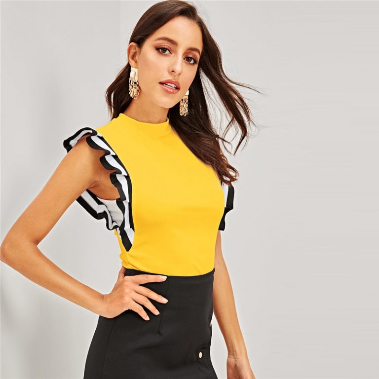 Women Mock Neck Striped Armhole Top Sleeveless T-shirt - Image 3