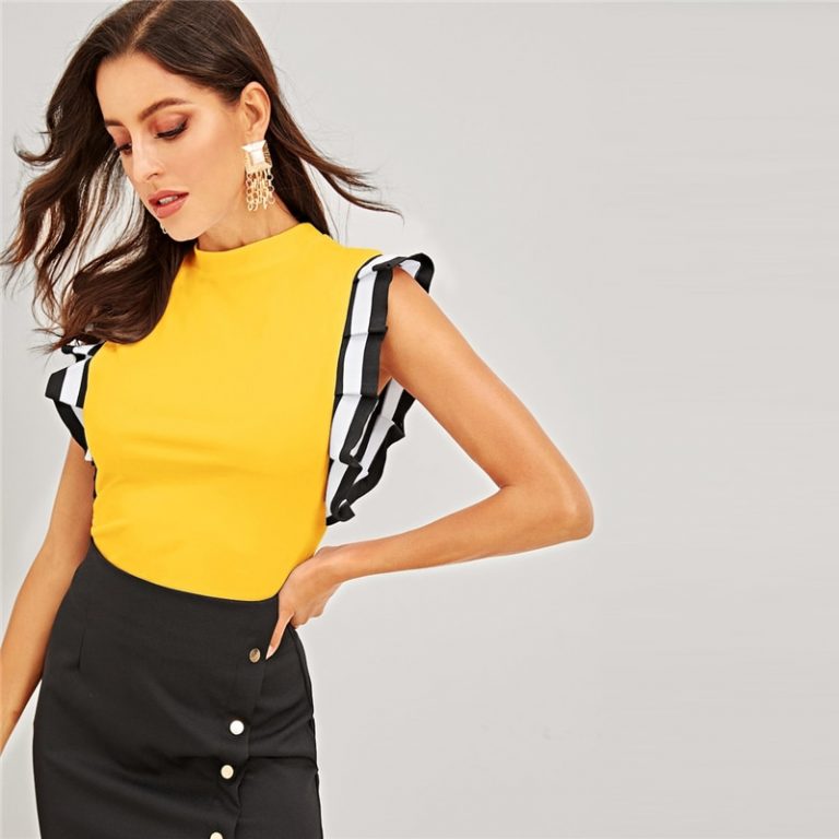Women Mock Neck Striped Armhole Top Sleeveless T-shirt - Image 4