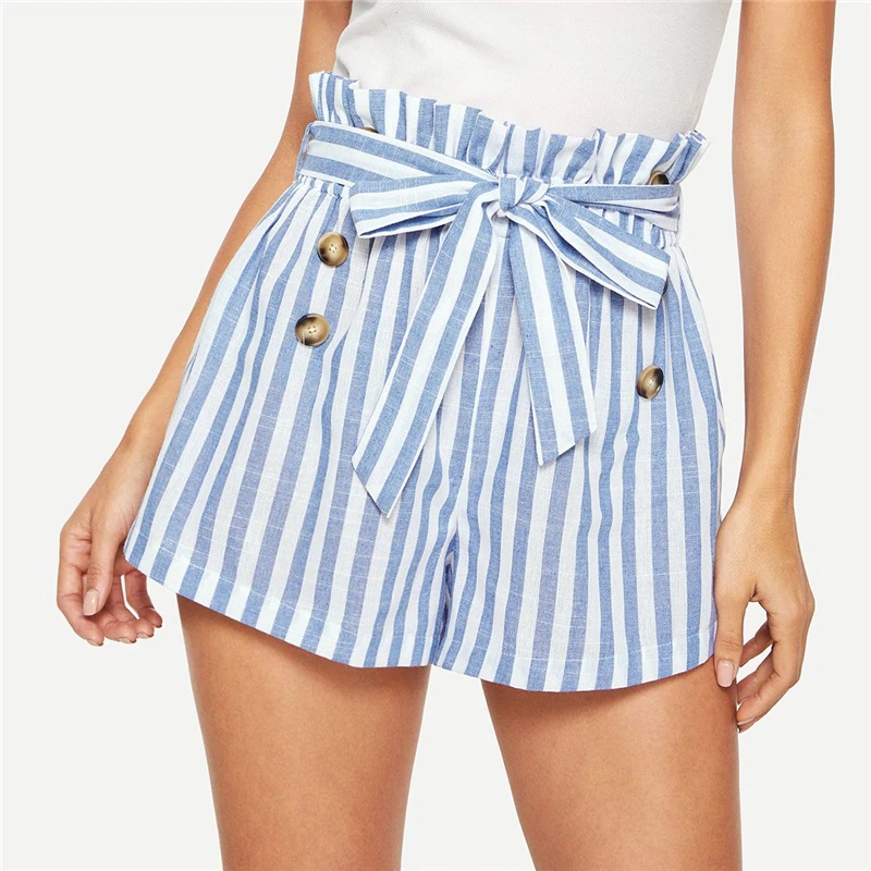 Women Paper-bag Pleated Waist Buttoned Belt Knot Striped Shorts
