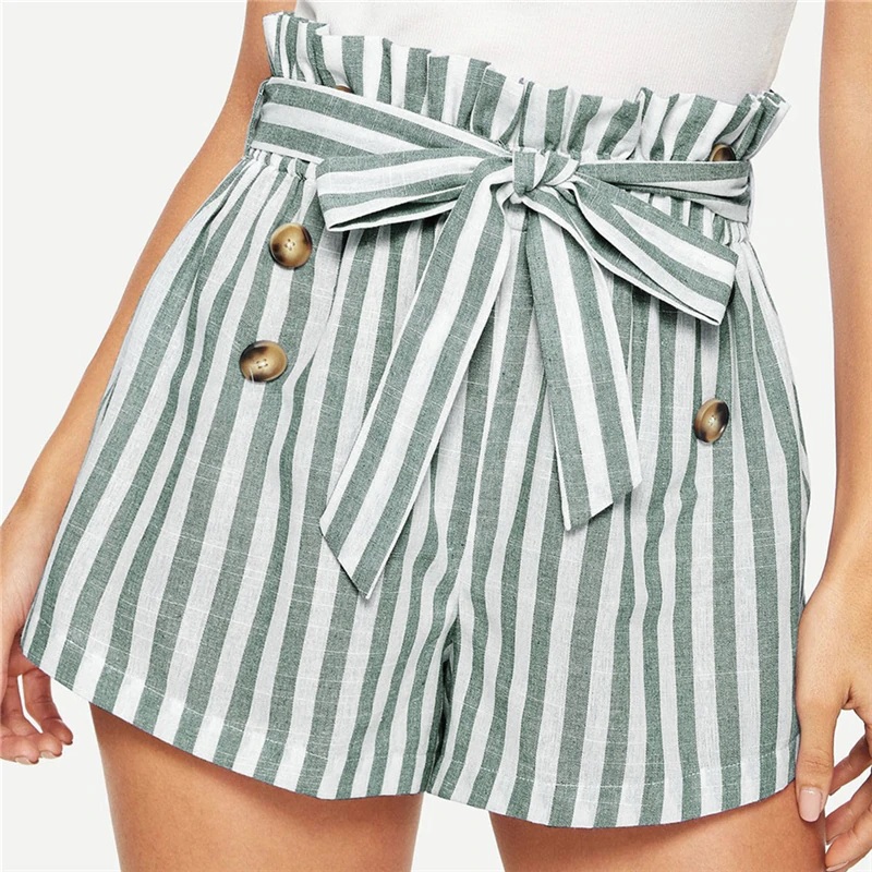 Women Paper-bag Pleated Waist Buttoned Belt Knot Striped Shorts - Image 5