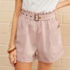 Women Paper bag Waist Patch Pocket Belted Cuffed Shorts