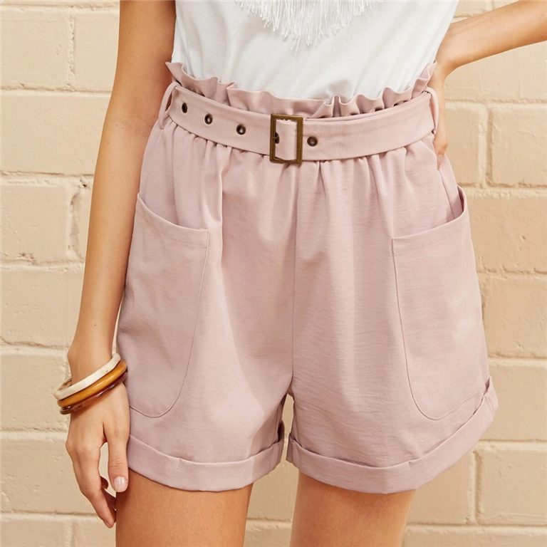 Women Paper bag Waist Patch Pocket Belted Cuffed Shorts