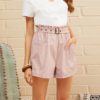 Women Paper bag Waist Patch Pocket Belted Cuffed Shorts - Image 4