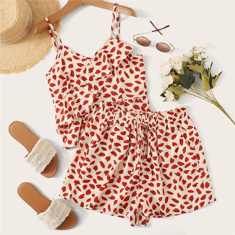 Women Petal Print Ruffle Wrap Peplum Crop Camisole Top and Shorts Set