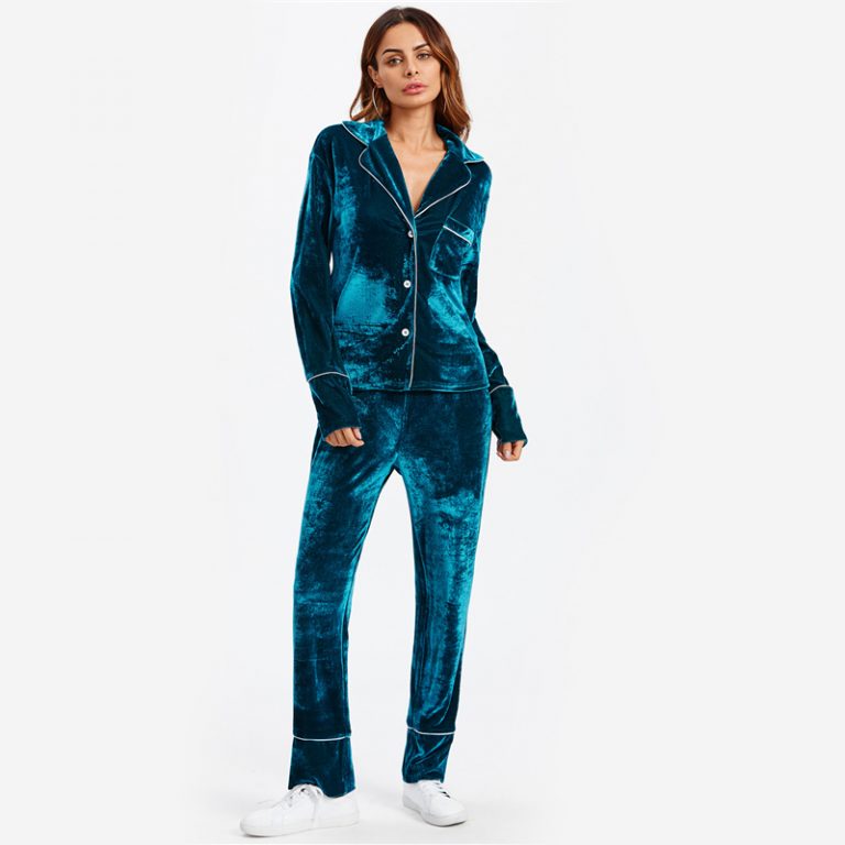 Women Pocket Top and Pants Pajama Set Casual Sleepwear - Image 2