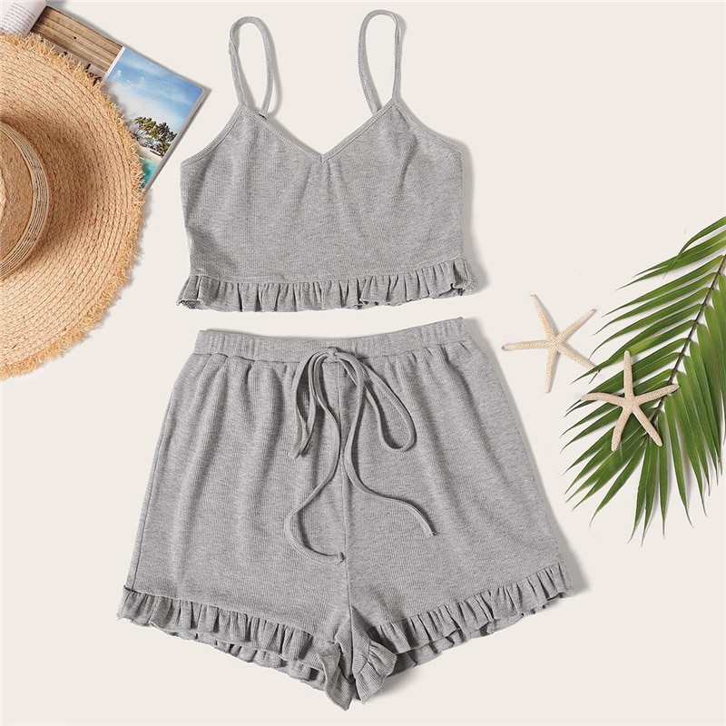 Women Rib-Knit Ruffle Cami Top And Knot Shorts Set