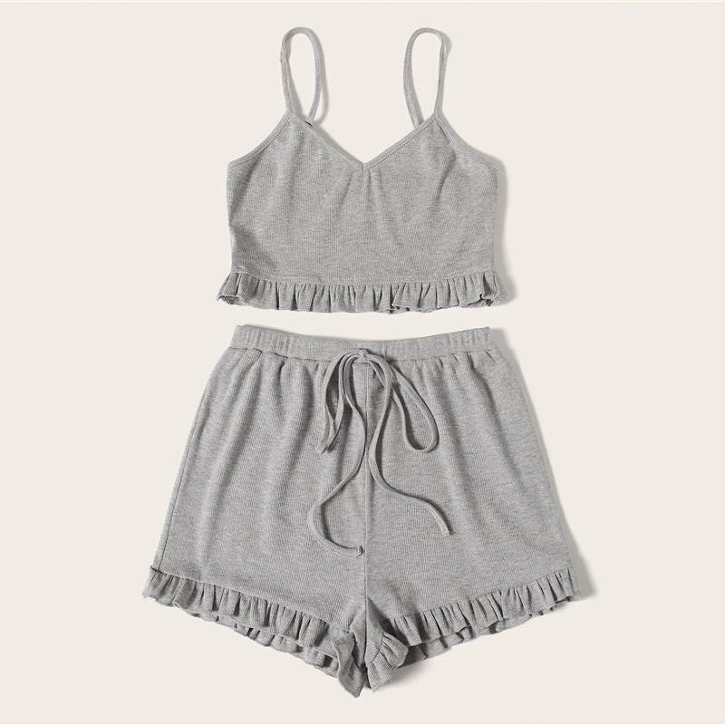 Women Rib-Knit Ruffle Cami Top And Knot Shorts Set - Image 2