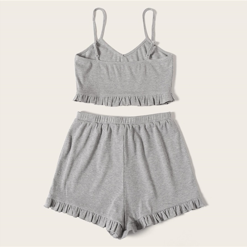 Women Rib-Knit Ruffle Cami Top And Knot Shorts Set - Image 4