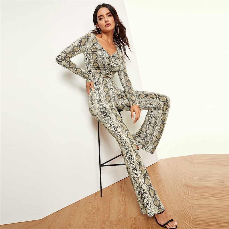 Women Ruched Front Snakeskin Print Top And Flared Pants Set - Image 4