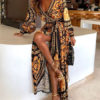 Women Sexy Long Sleeve V Neck Artwork Printed Maxi Dress - Image 3