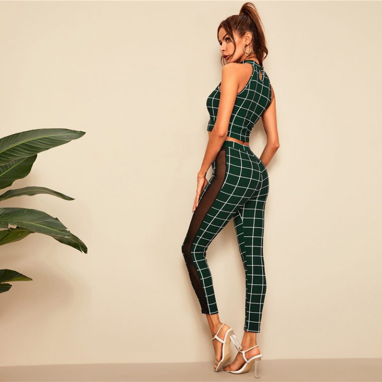 Women Sexy  Mesh Insert Halterneck Grid Crop Fitted Top and Leggings Set - Image 5