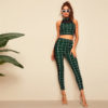Women Sexy  Mesh Insert Halterneck Grid Crop Fitted Top and Leggings Set - Image 4