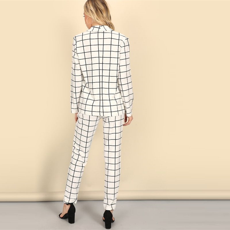 Women Shawl Collar Grid Plaid Cigarette Blazer And Pants Set - Image 4