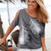 Women Short Sleeve Jewel Neckline Open Shoulder Printed Cotton T Shirt