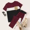 Women Short Sleeve Sequin Pocket Patched Colorblock Top and Pants Set