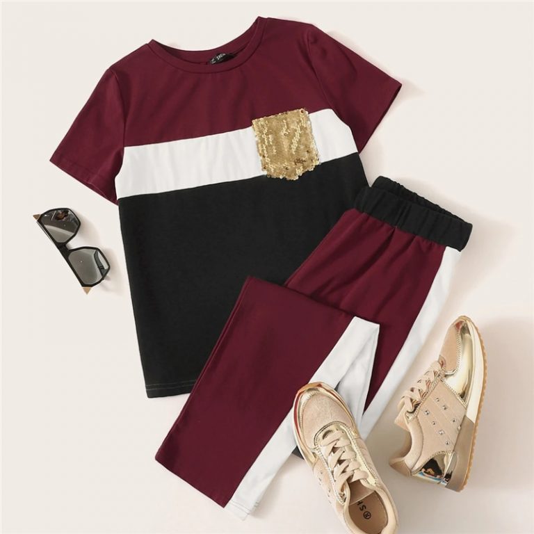 Women Short Sleeve Sequin Pocket Patched Colorblock Top and Pants Set