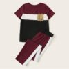Women Short Sleeve Sequin Pocket Patched Colorblock Top and Pants Set - Image 2