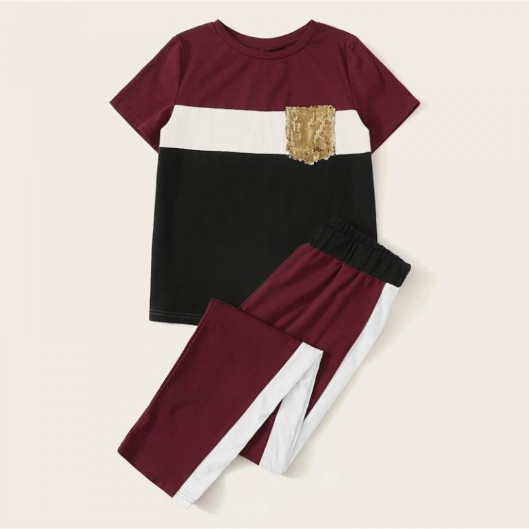 Women Short Sleeve Sequin Pocket Patched Colorblock Top and Pants Set - Image 2