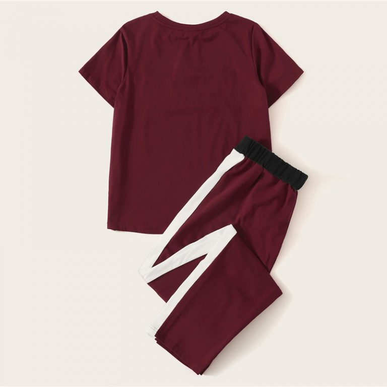 Women Short Sleeve Sequin Pocket Patched Colorblock Top and Pants Set - Image 4