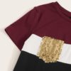 Women Short Sleeve Sequin Pocket Patched Colorblock Top and Pants Set - Image 3