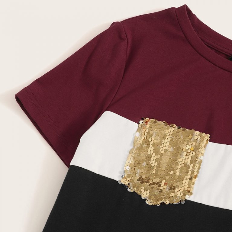Women Short Sleeve Sequin Pocket Patched Colorblock Top and Pants Set - Image 3
