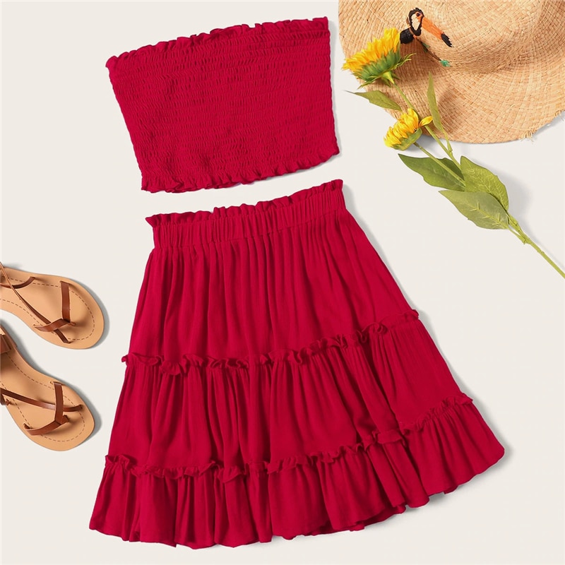 Women Smocked Bandeau Top And Layered Frill Hem Skirt Set