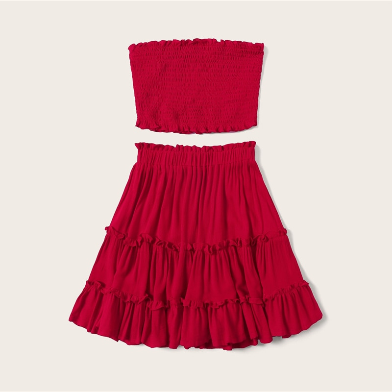 Women Smocked Bandeau Top And Layered Frill Hem Skirt Set - Image 2