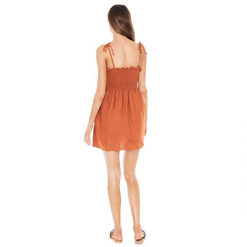 Women Solid Color Single-breasted Stretch Spaghetti Strap Dress - Image 4