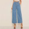 Women Solid High Waist Crop Casual High Street Ladies Jeans