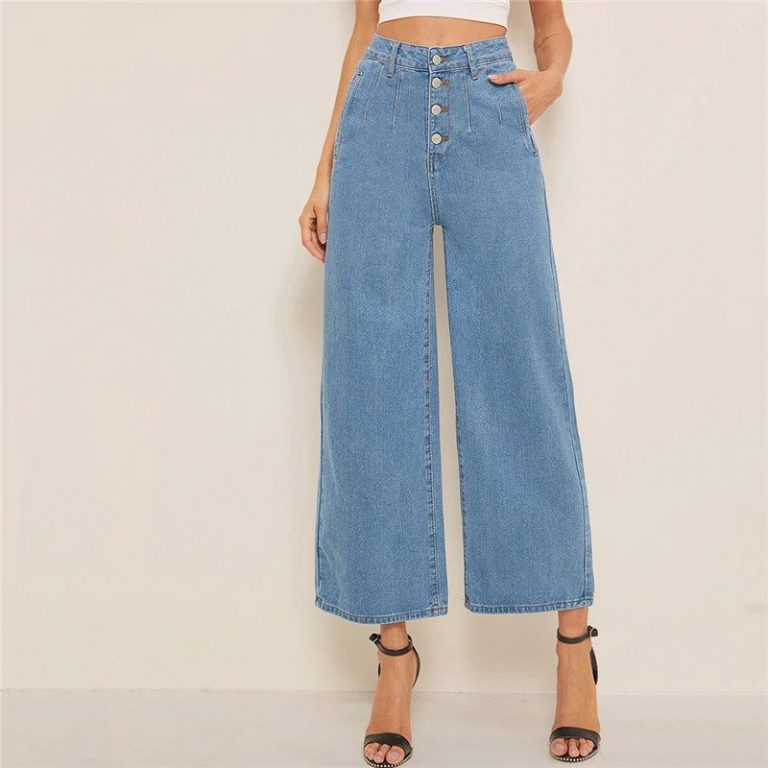Women Solid High Waist Crop Casual High Street Ladies Jeans