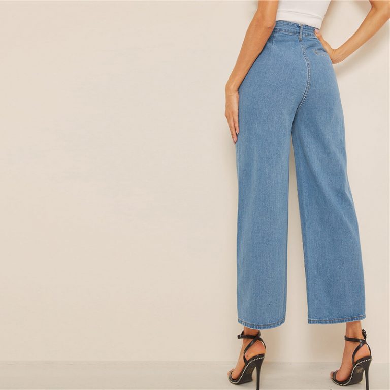 Women Solid High Waist Crop Casual High Street Ladies Jeans - Image 3
