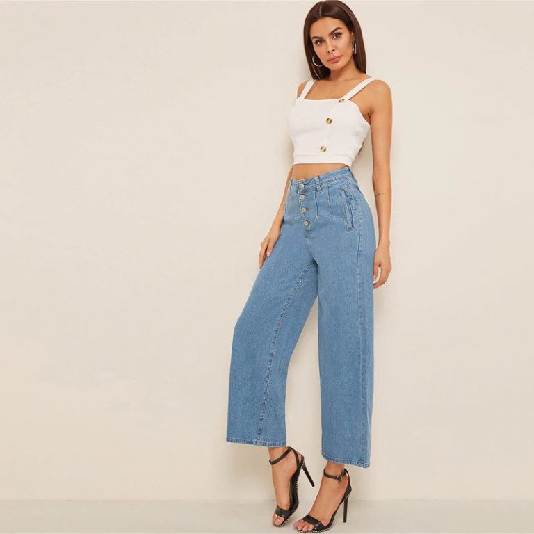 Women Solid High Waist Crop Casual High Street Ladies Jeans - Image 4