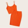 Women Spaghetti Strap Rib-Knit Crop Cami Top And Skinny Skirt Set - Image 2
