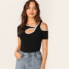 Women Sporty Binding Cutout Asymmetrical Neck Tshirt