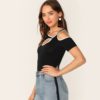 Women Sporty Binding Cutout Asymmetrical Neck Tshirt - Image 3