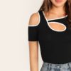 Women Sporty Binding Cutout Asymmetrical Neck Tshirt - Image 4