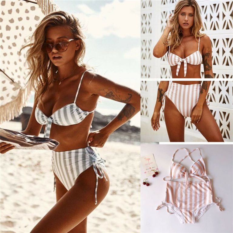 Women Striped Bikini Push Up Knot Padded Bra High Waist Summer Swimming Suit - Image 2