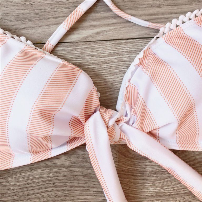 Women Striped Bikini Push Up Knot Padded Bra High Waist Summer Swimming Suit - Image 12