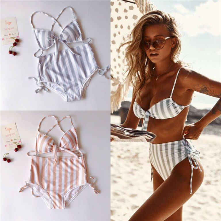 Women Striped Bikini Push Up Knot Padded Bra High Waist Summer Swimming Suit - Image 3