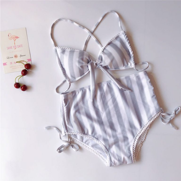 Women Striped Bikini Push Up Knot Padded Bra High Waist Summer Swimming Suit - Image 4
