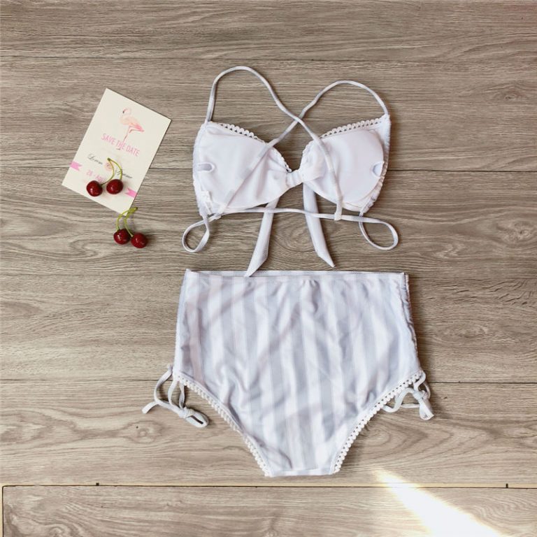Women Striped Bikini Push Up Knot Padded Bra High Waist Summer Swimming Suit - Image 5