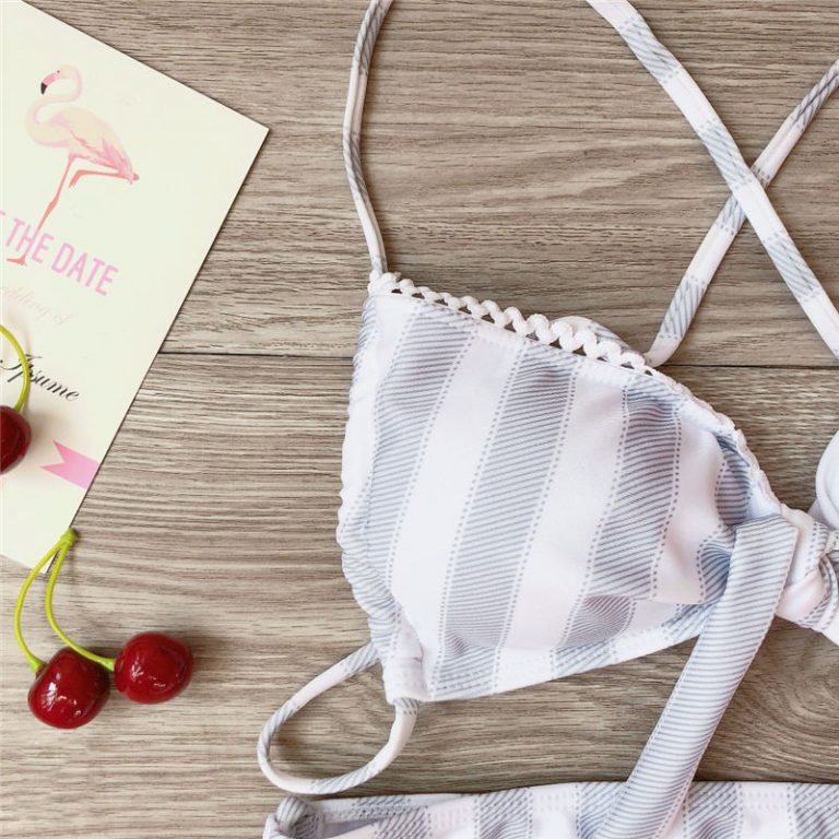 Women Striped Bikini Push Up Knot Padded Bra High Waist Summer Swimming Suit - Image 6