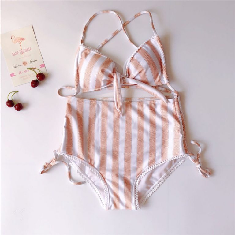 Women Striped Bikini Push Up Knot Padded Bra High Waist Summer Swimming Suit - Image 10