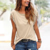 Women Summer T Shirt Round Neck Fringe Apricot Casual Top